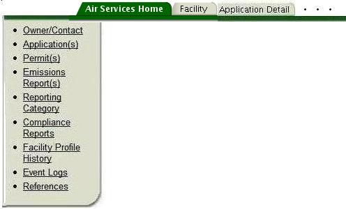 left navigation menu for
Air Services Home tab